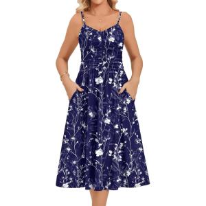 Zeagoo Women 2026 Summer Adjustable Spaghetti Strap Sundress Casual Ruched Floral V Neck Midi Flowy Beach Dress with Pockets(Navy Floral)