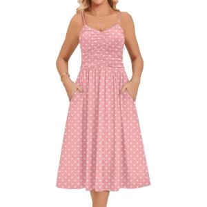 Zeagoo Women 2026 Summer Adjustable Spaghetti Strap Sundress Casual Ruched Floral V Neck Midi Flowy Beach Dress with Pockets(Pink Polka Dots)