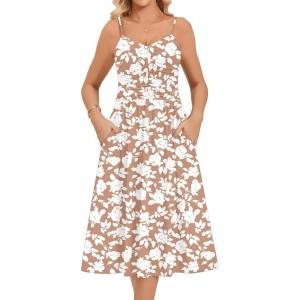 Zeagoo Women 2026 Summer Adjustable Spaghetti Strap Sundress Casual Ruched Floral V Neck Midi Flowy Beach Dress with Pockets(Pink White Floral)