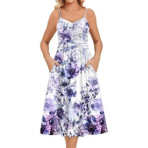 Zeagoo Women 2026 Summer Adjustable Spaghetti Strap Sundress Casual Ruched Floral V Neck Midi Flowy Beach Dress with Pockets(Purple Floral)
