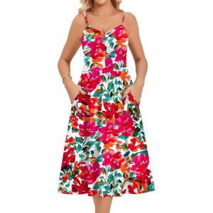 Zeagoo Women 2026 Summer Adjustable Spaghetti Strap Sundress Casual Ruched Floral V Neck Midi Flowy Beach Dress with Pockets(Red Floral)