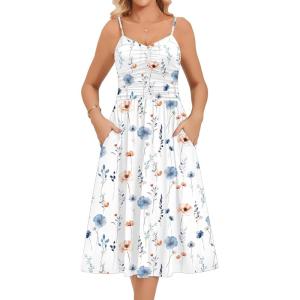 Zeagoo Women 2026 Summer Adjustable Spaghetti Strap Sundress Casual Ruched Floral V Neck Midi Flowy Beach Dress with Pockets(White Floral)