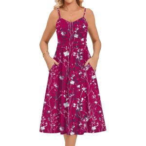 Zeagoo Women 2026 Summer Adjustable Spaghetti Strap Sundress Casual Ruched Floral V Neck Midi Flowy Beach Dress with Pockets(Wine Red Floral)