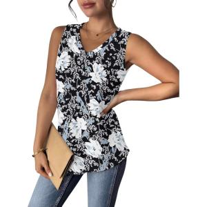 Zeagoo Women Eyelet Tank Tops Sleeveless Shirts V Neck Cute Summer Top Loose Fit Camisole S-XXL(Black White Floral)