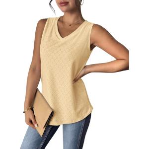 Zeagoo Women Eyelet Tank Tops Sleeveless Shirts V Neck Cute Summer Top Loose Fit Camisole S-XXL(Goose Yellow)