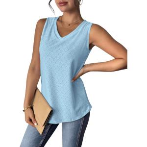 Zeagoo Women Eyelet Tank Tops Sleeveless Shirts V Neck Cute Summer Top Loose Fit Camisole S-XXL(Sky Blue)