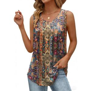 Zeagoo Women Summer Tank Tops Loose Fit Flowy Boho Pleated Sleeveless Shirts Crew Neck Dressy Casual Tunic Trendy Blouses(Printed Paisley Mz721)