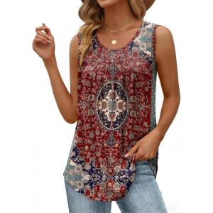 Zeagoo Women Summer Tank Tops Loose Fit Flowy Boho Pleated Sleeveless Shirts Crew Neck Dressy Casual Tunic Trendy Blouses(Printed Paisley Mz870)