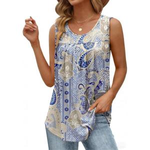Zeagoo Women Summer Tank Tops Loose Fit Flowy Boho Pleated Sleeveless Shirts Crew Neck Dressy Casual Tunic Trendy Blouses(Printed Paisley Mz919)