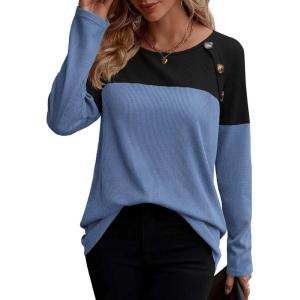 Zeagoo Women Waffle Knit Shirts Long Sleeve Colorblock Tee Button Detail Tunics(Black+blue)