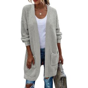 Zeagoo Women’s 2025 Fall Open Front Cardigan Long Batwing Sleeve Chunky Knit Sweater Loose Outerwear Coats with Pockets(Grey)