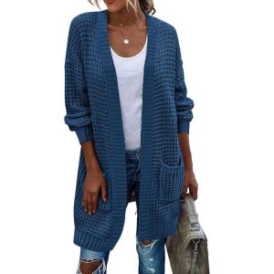 Zeagoo Women’s 2025 Fall Open Front Cardigan Long Batwing Sleeve Chunky Knit Sweater Loose Outerwear Coats with Pockets(Navy Blue)