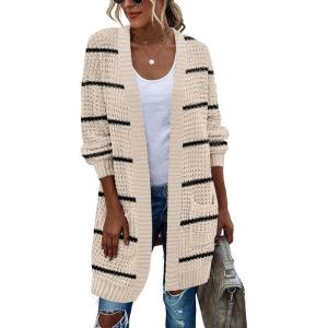 Zeagoo Women’s 2025 Fall Open Front Cardigan Long Batwing Sleeve Chunky Knit Sweater Loose Outerwear Coats with Pockets(Stripes Apricot)