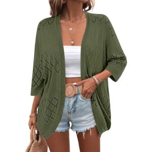 Zeagoo Womens 2026 Lightweight Crochet Cardigan Sweaters Open Front 3/4 Sleeve Knit Kimono Summer Boho Cover Up(Army Green)