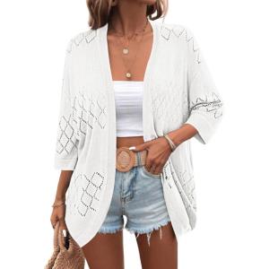 Zeagoo Womens 2026 Lightweight Crochet Cardigan Sweaters Open Front 3/4 Sleeve Knit Kimono Summer Boho Cover Up(A-white)