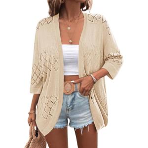 Zeagoo Womens 2026 Lightweight Crochet Cardigan Sweaters Open Front 3/4 Sleeve Knit Kimono Summer Boho Cover Up(Beige)
