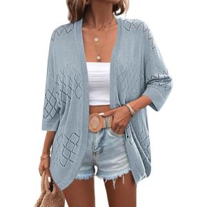 Zeagoo Womens 2026 Lightweight Crochet Cardigan Sweaters Open Front 3/4 Sleeve Knit Kimono Summer Boho Cover Up(Light Blue)