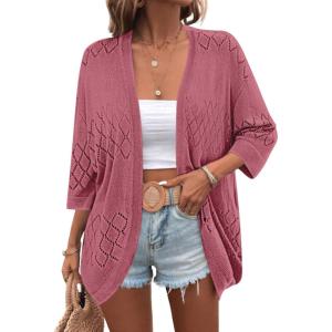 Zeagoo Womens 2026 Lightweight Crochet Cardigan Sweaters Open Front 3/4 Sleeve Knit Kimono Summer Boho Cover Up(Light Pink)