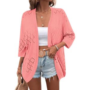 Zeagoo Womens 2026 Lightweight Crochet Cardigan Sweaters Open Front 3/4 Sleeve Knit Kimono Summer Boho Cover Up(Pink)