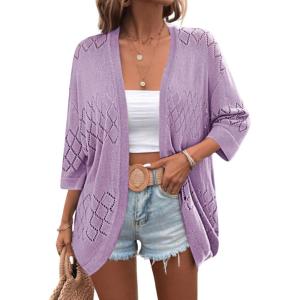Zeagoo Womens 2026 Lightweight Crochet Cardigan Sweaters Open Front 3/4 Sleeve Knit Kimono Summer Boho Cover Up(Purple)