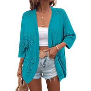 Zeagoo Womens 2026 Lightweight Crochet Cardigan Sweaters Open Front 3/4 Sleeve Knit Kimono Summer Boho Cover Up(Teal)