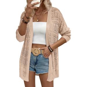 Zeagoo Womens 2026 Summer Crochet Cardigan Sweaters Lightweight Long Sleeve Open Front Kimono Boho Knit Cover Ups(Beige)