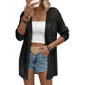 Zeagoo Womens 2026 Summer Crochet Cardigan Sweaters Lightweight Long Sleeve Open Front Kimono Boho Knit Cover Ups(Black)