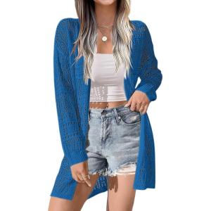 Zeagoo Womens 2026 Summer Crochet Cardigan Sweaters Lightweight Long Sleeve Open Front Kimono Boho Knit Cover Ups(Blue)