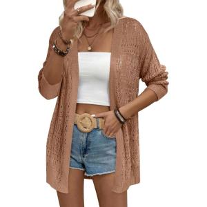 Zeagoo Womens 2026 Summer Crochet Cardigan Sweaters Lightweight Long Sleeve Open Front Kimono Boho Knit Cover Ups(Brown)