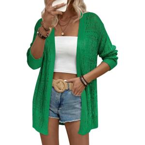 Zeagoo Womens 2026 Summer Crochet Cardigan Sweaters Lightweight Long Sleeve Open Front Kimono Boho Knit Cover Ups(Green)