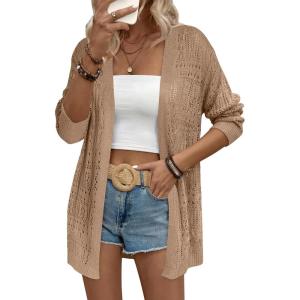Zeagoo Womens 2026 Summer Crochet Cardigan Sweaters Lightweight Long Sleeve Open Front Kimono Boho Knit Cover Ups(Khaki)