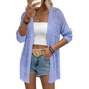 Zeagoo Womens 2026 Summer Crochet Cardigan Sweaters Lightweight Long Sleeve Open Front Kimono Boho Knit Cover Ups(Light Blue)