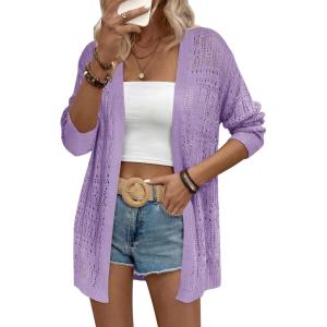 Zeagoo Womens 2026 Summer Crochet Cardigan Sweaters Lightweight Long Sleeve Open Front Kimono Boho Knit Cover Ups(Purple)