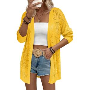 Zeagoo Womens 2026 Summer Crochet Cardigan Sweaters Lightweight Long Sleeve Open Front Kimono Boho Knit Cover Ups(Yellow)