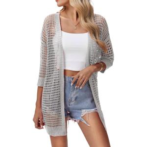 Zeagoo Women’s 2026 Summer Crochet Lightweight Cardigan Short Sleeve Boho Kimono Oversized Open Front Sweater Tops(Light Grey)