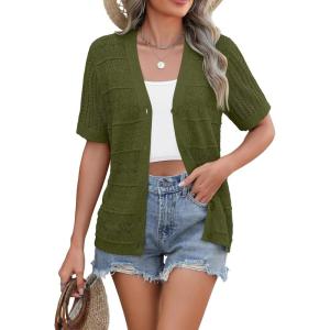 Zeagoo Women’s 2026 Summer Short Sleeve Crochet Cardigan V Neck Cropped Lightweight Button up Bolero Shrug Sweater(Army Green)