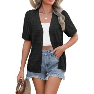 Zeagoo Women’s 2026 Summer Short Sleeve Crochet Cardigan V Neck Cropped Lightweight Button up Bolero Shrug Sweater(Black)