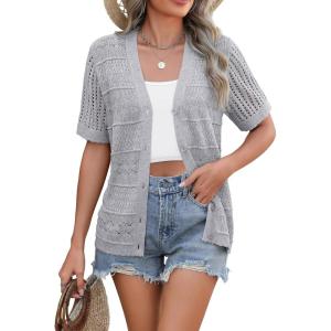 Zeagoo Women’s 2026 Summer Short Sleeve Crochet Cardigan V Neck Cropped Lightweight Button up Bolero Shrug Sweater(Grey)