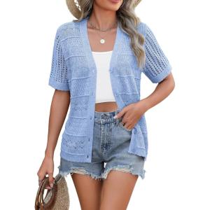 Zeagoo Women’s 2026 Summer Short Sleeve Crochet Cardigan V Neck Cropped Lightweight Button up Bolero Shrug Sweater(Light Blue)