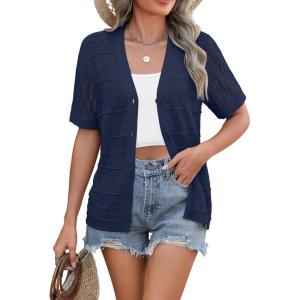 Zeagoo Women’s 2026 Summer Short Sleeve Crochet Cardigan V Neck Cropped Lightweight Button up Bolero Shrug Sweater(Navy Blue)