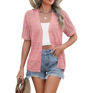 Zeagoo Women’s 2026 Summer Short Sleeve Crochet Cardigan V Neck Cropped Lightweight Button up Bolero Shrug Sweater(Pink)