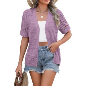 Zeagoo Women’s 2026 Summer Short Sleeve Crochet Cardigan V Neck Cropped Lightweight Button up Bolero Shrug Sweater(Purple)