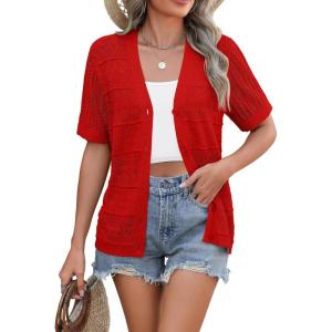 Zeagoo Women’s 2026 Summer Short Sleeve Crochet Cardigan V Neck Cropped Lightweight Button up Bolero Shrug Sweater(Red)
