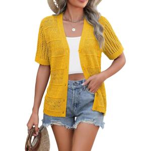 Zeagoo Women’s 2026 Summer Short Sleeve Crochet Cardigan V Neck Cropped Lightweight Button up Bolero Shrug Sweater(Yellow)
