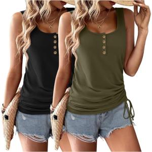 Zeagoo Womens 2026 Tank Tops 2 Pack U Neck Summer Sleeveless Tops Loose Fit Button Casual Henley Shirts(Black+army Green)