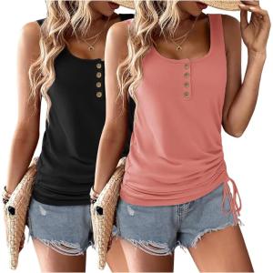 Zeagoo Womens 2026 Tank Tops 2 Pack U Neck Summer Sleeveless Tops Loose Fit Button Casual Henley Shirts(Black+pink)