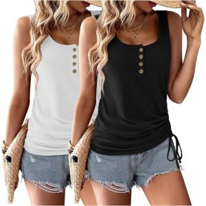 Zeagoo Womens 2026 Tank Tops 2 Pack U Neck Summer Sleeveless Tops Loose Fit Button Casual Henley Shirts(Black+white)