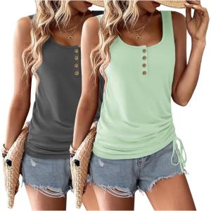 Zeagoo Womens 2026 Tank Tops 2 Pack U Neck Summer Sleeveless Tops Loose Fit Button Casual Henley Shirts(Dark Grey+lake Green)