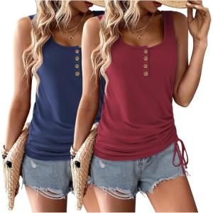 Zeagoo Womens 2026 Tank Tops 2 Pack U Neck Summer Sleeveless Tops Loose Fit Button Casual Henley Shirts(Deep Navy+wine Red)