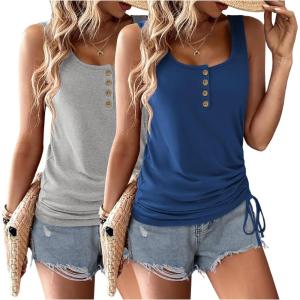 Zeagoo Womens 2026 Tank Tops 2 Pack U Neck Summer Sleeveless Tops Loose Fit Button Casual Henley Shirts(Navy+grey)